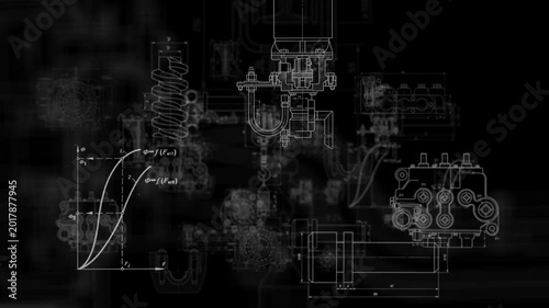 Animated collage of vintage mechanical blueprints and technical drawings on black background