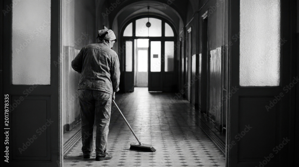 Fototapeta premium Older Worker Cleaning Hallway with Mop in Long Black and White Corridor