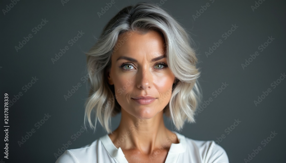 Fototapeta premium Mature woman with layered blonde hair smiles softly in a studio portrait. She wears a white shirt against a gray background, showing elegance and sophistication with makeup.