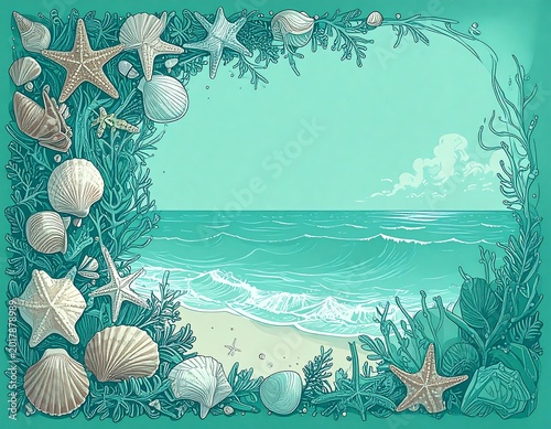 An illustration depicts a serene ocean scene framed by seashells and seaweed, with clear sky and gentle waves