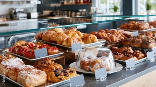 Assorted pastries on glass counter showcasing artisanal croissants, muffins, donuts and breads on trays, warm sunlight through windows, clear display case with labels and price tags, tempting glazes