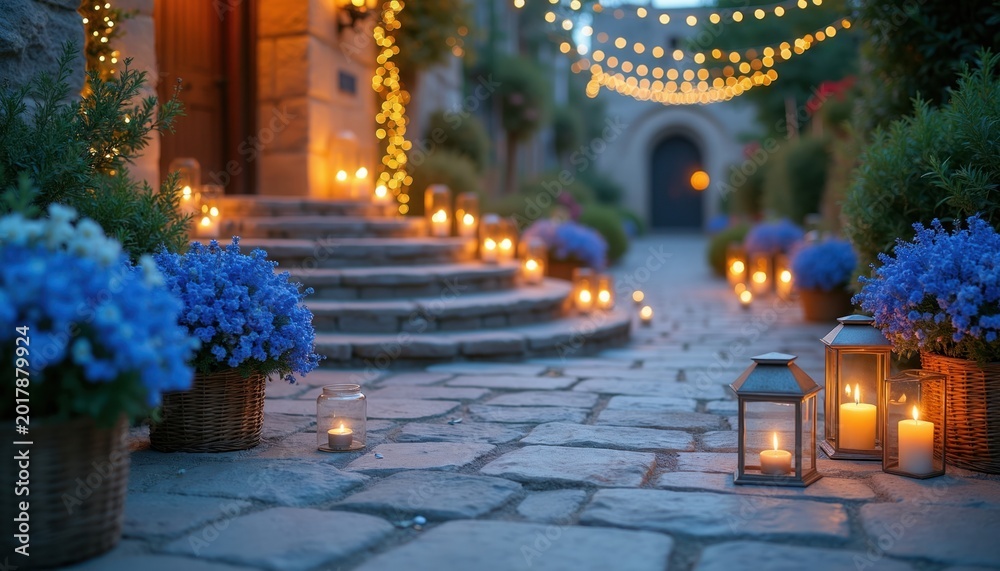Fototapeta premium Stone pathway with blue flowers and lanterns lit by candles. String lights hang above building entrance. Evening scene evokes romantic, magical atmosphere for special event.