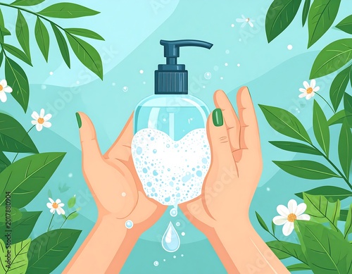 An illustration depicts hands cradling a soap dispenser with heart-shaped suds. Lush green leaves and small flowers adorn the edges