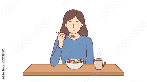 Young woman eating healthy breakfast with oatmeal and berries