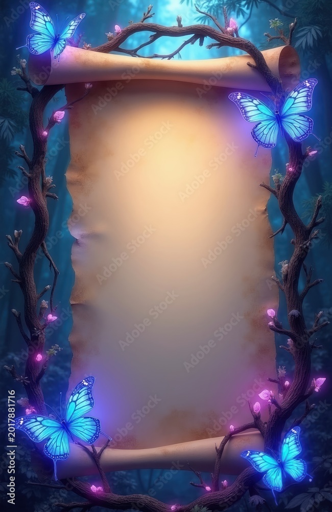 Fototapeta premium Magical enchanted forest frame with glowing flora, blue butterflies surrounds blank old scroll. Tree branches, mystical woods background, fantasy border design template for magical story invitation.
