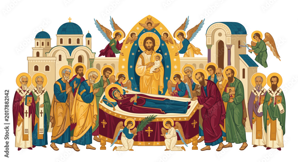 Obraz premium Icon depicting the Dormition of the Virgin Mary in a religious scene 