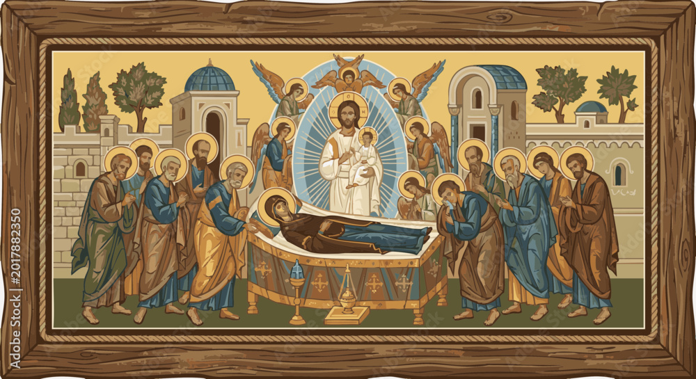 Obraz premium Icon depicting Dormition of the Virgin Mary in a wooden frame 