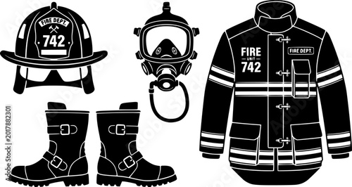 Firefighter equipment vector illustration featuring jacket, helmet, boots, and mask in black and white silhouette

