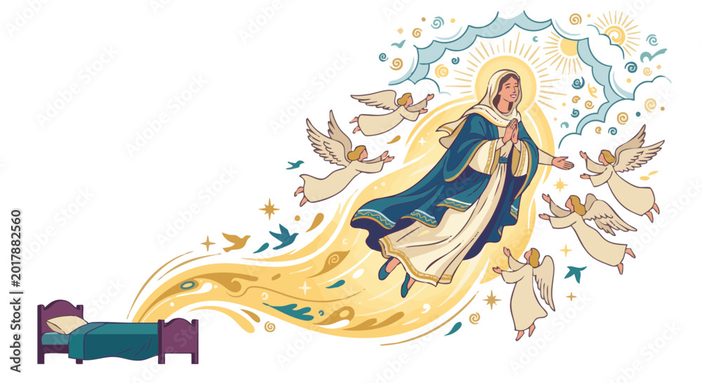 Obraz premium Virgin Mary ascending to heaven surrounded by angels in soft colors 