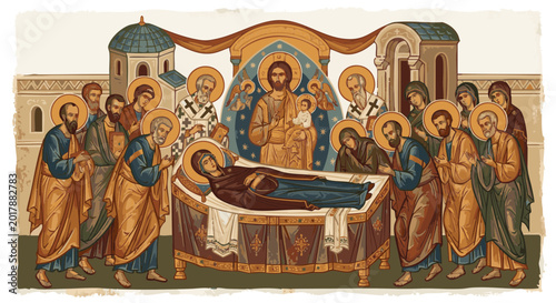 Dormition of the Virgin Mary depicted in Orthodox fresco style  