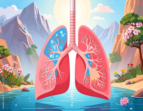 An illustration depicts human lungs intertwined with a serene natural landscape mountains, flowing water, and blooming flora
