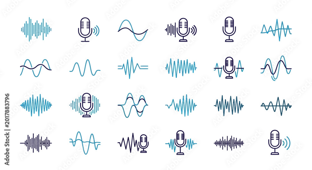Fototapeta premium Sound Waveforms and Microphones Collection: Audio Spectrum, Voice Recording, Music Technology