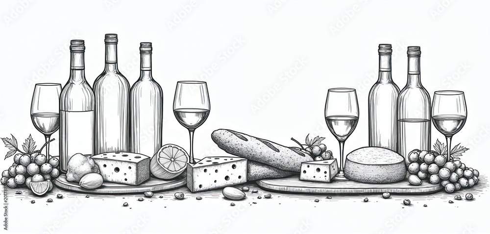 Fototapeta premium Line art illustration of wine bottles, glasses, cheese wedges, grapes, and almonds on a white background. This is a minimalist depiction of a classic food and drink pairing.