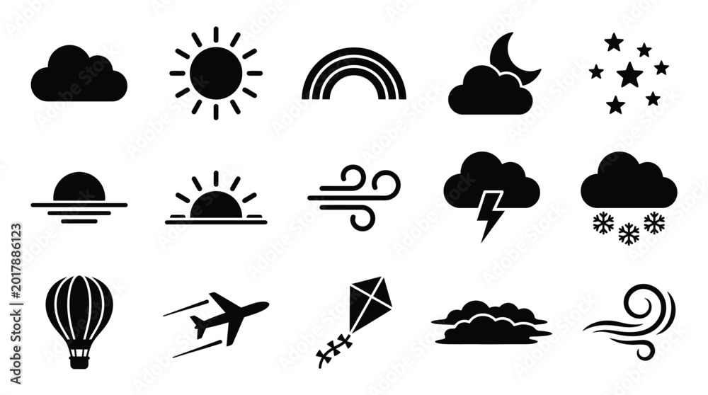 Fototapeta premium Collection of weather icons and symbols representing different atmospheric conditions and elements.