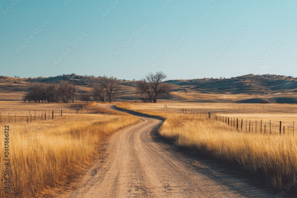Fototapeta premium A quiet country road stretches through open land under a calm sky, with natural textures and peaceful rural charm.