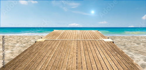 Tableau sur toile wooden jetty beach landscape nature outdoor sand sea