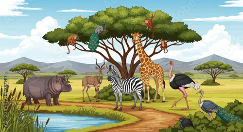 Photography Wildlife animals, safari scene, cartoon illustration, colorful vector, zoo creat