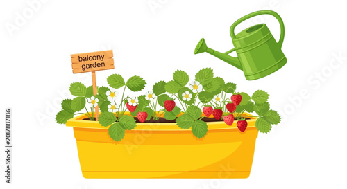 Foto Strawberry garden, strawberry plants, green leaves, yellow planter, gardening ic