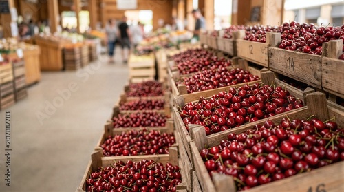 A row of wooden crates filled with red cherries.