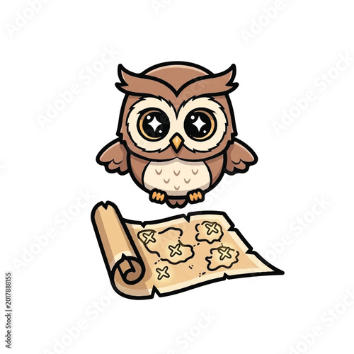 Cute cartoon owl with big eyes looking at a treasure map.