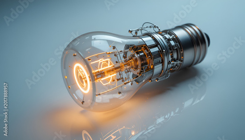 Lightbulb with an intricate glowing filament structure rests on a smooth reflective surface, creating a minimalist composition that offers ample copy space for modern business advertising needs.