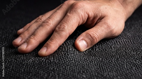 Macro hand grip on black rubberized yoga mat
