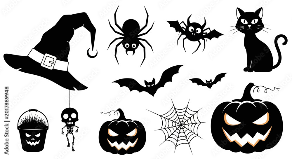Fototapeta premium Halloween icons, black silhouettes, spooky symbols, 10 vector graphics