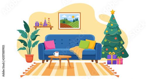 Schilderij op canvas Christmas living room, blue sofa, holiday decor, vector illustration, festive in