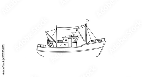 Tableau sur toile Hand-drawn fishing trawler boat illustration on white background, simple line ar