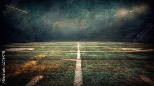 Distressed football field with gritty textures, faded lines, and a rough, moody look creating a raw, atmospheric sports scene.