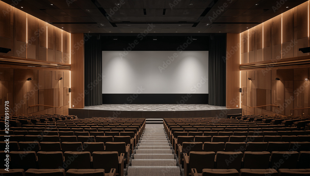 Naklejka premium 静かな館内で白いスクリーンが映える現代的な講堂の正面風景