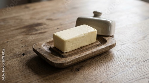 A close-up shot of a butter dish on a wooden table. A block of butter sits inside, and the lid is next to it. The image conveys a sense of simplicity and freshness.