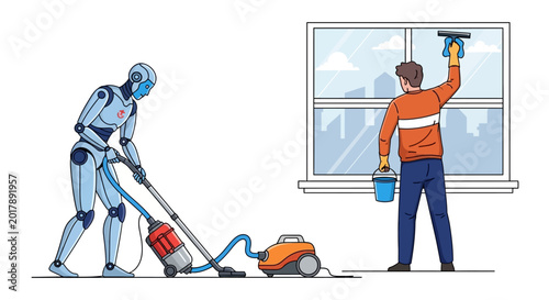 Foto Robot vacuum cleaner, man cleaning windows, janitorial services, cleaning tools,