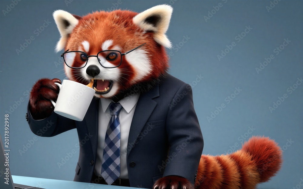 Naklejka premium Red panda in suit sips coffee professional and adorable.