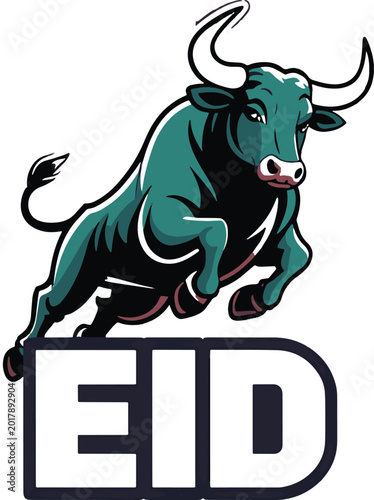 Green bull mascot jumping over eid text logo