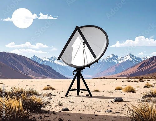 An illustration features a large parabolic reflector on a tripod in a desert landscape with distant mountains under a blue sky