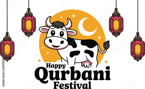 Happy qurbani festival greeting card with cute cow and lanterns