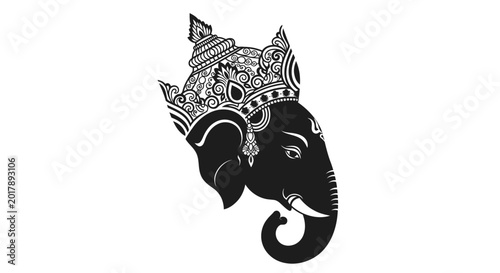 Foto Ganesha Elephant Head Illustration - Hindu God Icon, Traditional Art, White Back