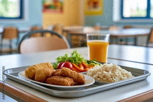 School cafeteria lunch tray with chicken, vegetables, rice, and orange juice