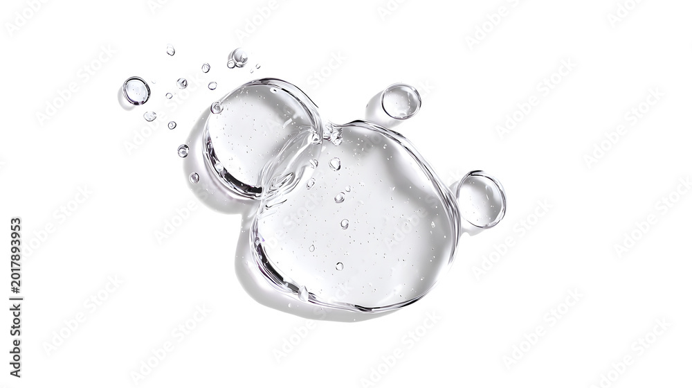 Fototapeta Clear white cosmetic gel serum oil texture isolated on white background. Hyaluronic acid skincare product with bubbles macro. Clear white cosmetic gel serum oil texture isolated on white background.