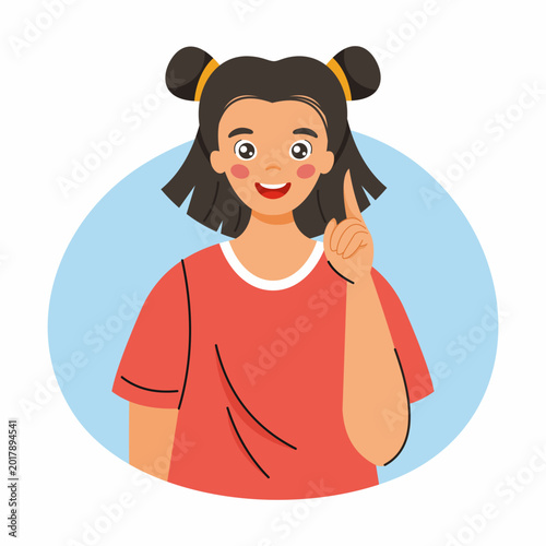 Funny teenage girl with pointing gesture. Human emotions and mood. Happy character on blue background. Good idea, illustration for school or education