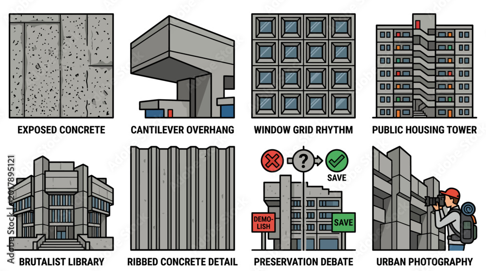 Fototapeta premium Brutalist Architecture Elements Illustration Set Featuring Concrete Structures and Urban Photography Concepts