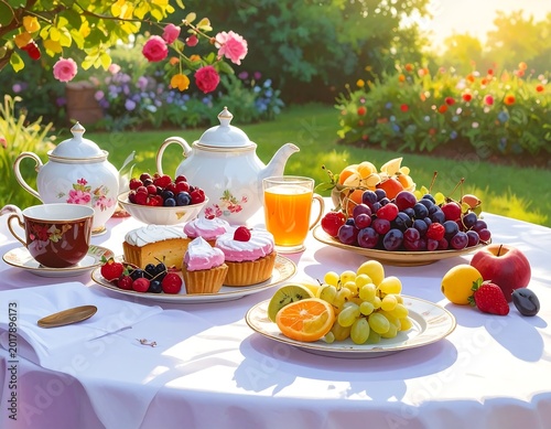 An outdoor setting depicts a garden tea party with a table laden with pastries, fruit, juice, and tea. Flowers bloom nearby