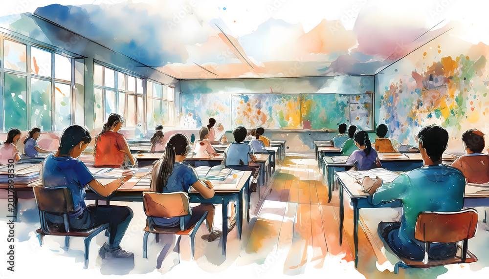Obraz premium Students studying in a vibrant classroom