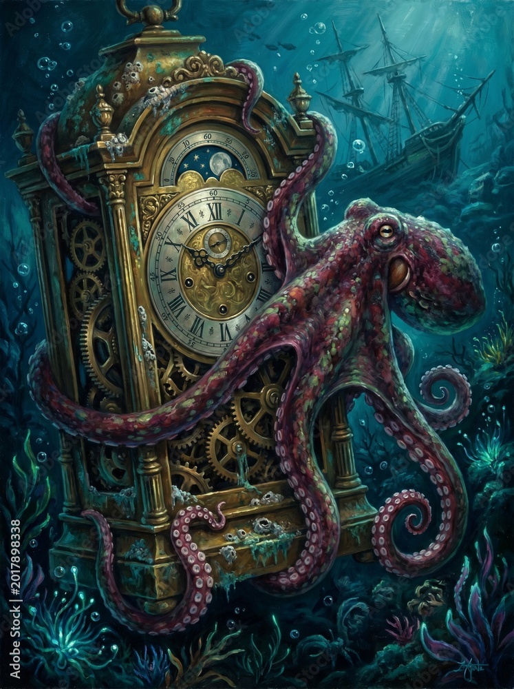 Obraz premium A majestic octopus embraces an ancient, ornate grandfather clock at the bottom of the ocean, with a sunken ship in the mysterious deep-sea background.