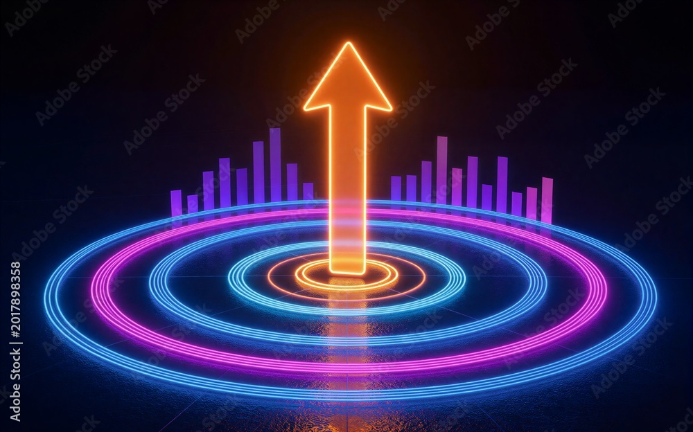 Naklejka premium Neon arrow rises above glowing rings and bars symbolizing growth and