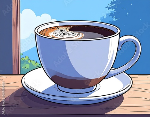 An illustration features a white mug of coffee on a saucer, by a window overlooking trees and a blue sky