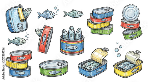 Colorful illustration of canned fish and fish