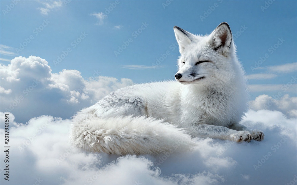 Fototapeta premium White fox rests peacefully atop fluffy clouds under a bright blue sky.