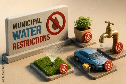 Municipal water restrictions sign with drought saving concept lawn plant car wash and faucet
